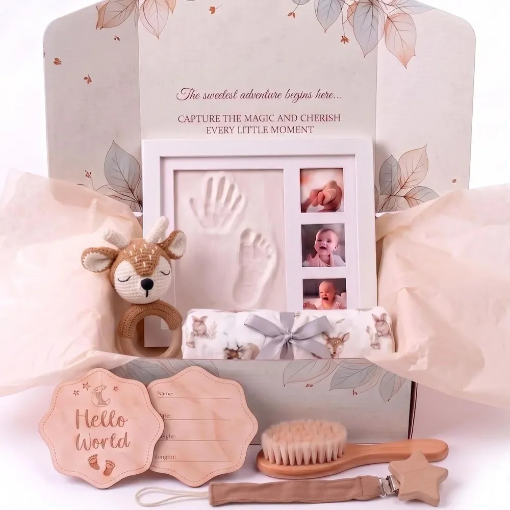 NEW Newborn Baby Gift Set 6 Pc Bamboo Blanket Footprint Frame Fawn Gift Box